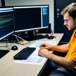 A professional male software developer, wearing a modest, professional polo shirt and slacks, fully clothed, sitting at a desk in a dimly lit, slightly cluttered office cubicle. He appears focused yet slightly stressed, looking at a computer screen displaying abstract, tangled lines of code and error messages, symbolizing CSS conflicts and complexity. Scattered papers and an empty coffee mug are on the desk. The image captures a sense of intellectual challenge and problem-solving. safe for work, appropriate content, fully clothed, professional, perfect anatomy, correct proportions, natural pose, well-formed hands, proper finger count, natural body proportions, professional photography, high quality.