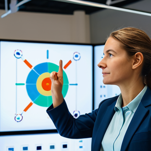 A professional female front-end developer, fully clothed in a modest business casual outfit, stands confidently in a modern, well-lit tech office. She gestures towards a large interactive digital display showing an intricate network of colorful, abstract design blocks and modular UI components, representing principles of reusability and separation of concerns. The image emphasizes innovation and clear design. Perfect anatomy, natural pose, correct proportions, well-formed hands, proper finger count, natural body proportions, professional photography, high quality, safe for work, appropriate content, family-friendly.