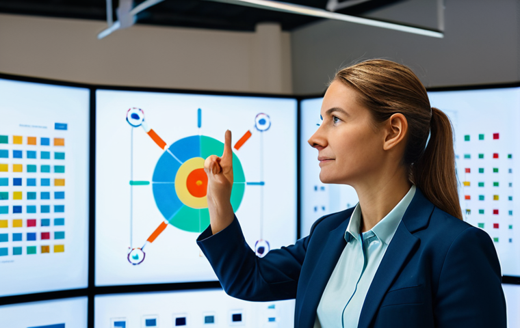 A professional female front-end developer, fully clothed in a modest business casual outfit, stands confidently in a modern, well-lit tech office. She gestures towards a large interactive digital display showing an intricate network of colorful, abstract design blocks and modular UI components, representing principles of reusability and separation of concerns. The image emphasizes innovation and clear design. Perfect anatomy, natural pose, correct proportions, well-formed hands, proper finger count, natural body proportions, professional photography, high quality, safe for work, appropriate content, family-friendly.